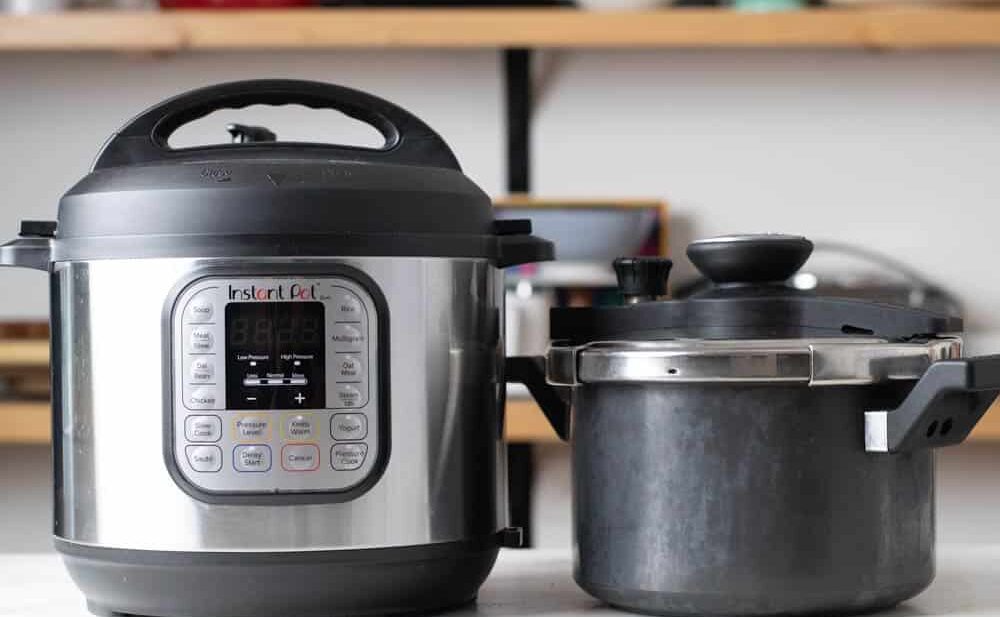 Picture of instant pot and stovetop pressure cooker kept side by side on a table with text overlay