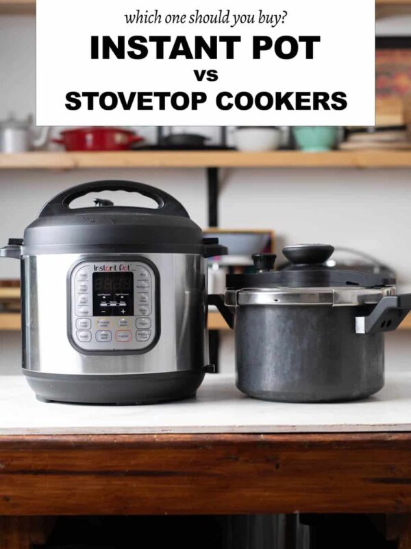 Picture of instant pot and stovetop pressure cooker kept side by side on a table with text overlay