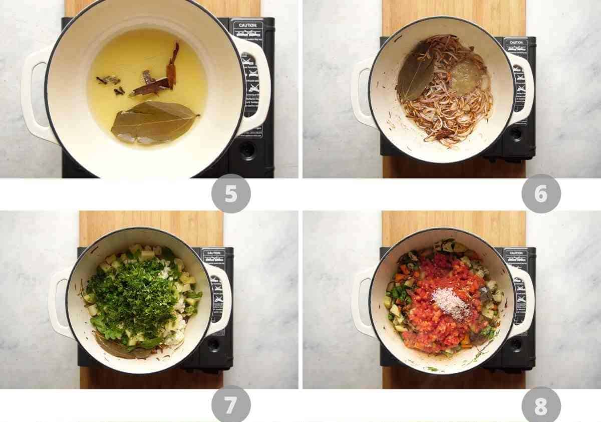 Picture collage showing how to make vegetable masala for biryani