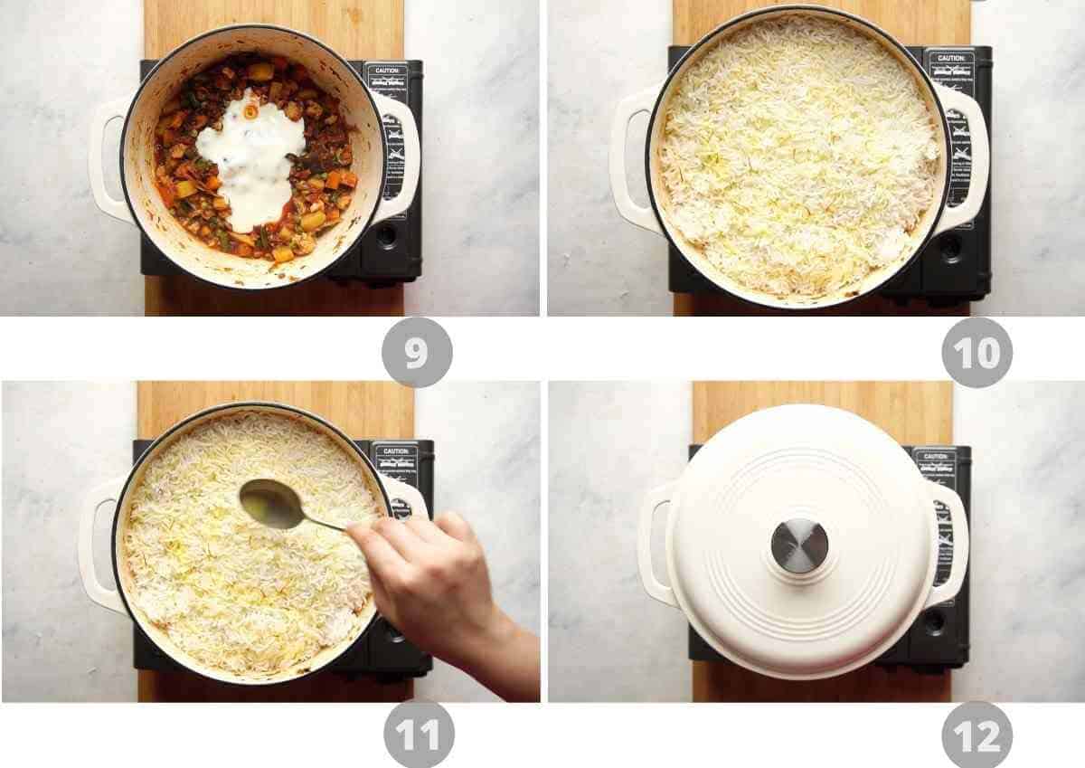Picture collage showing how to layer and cook veg biryani