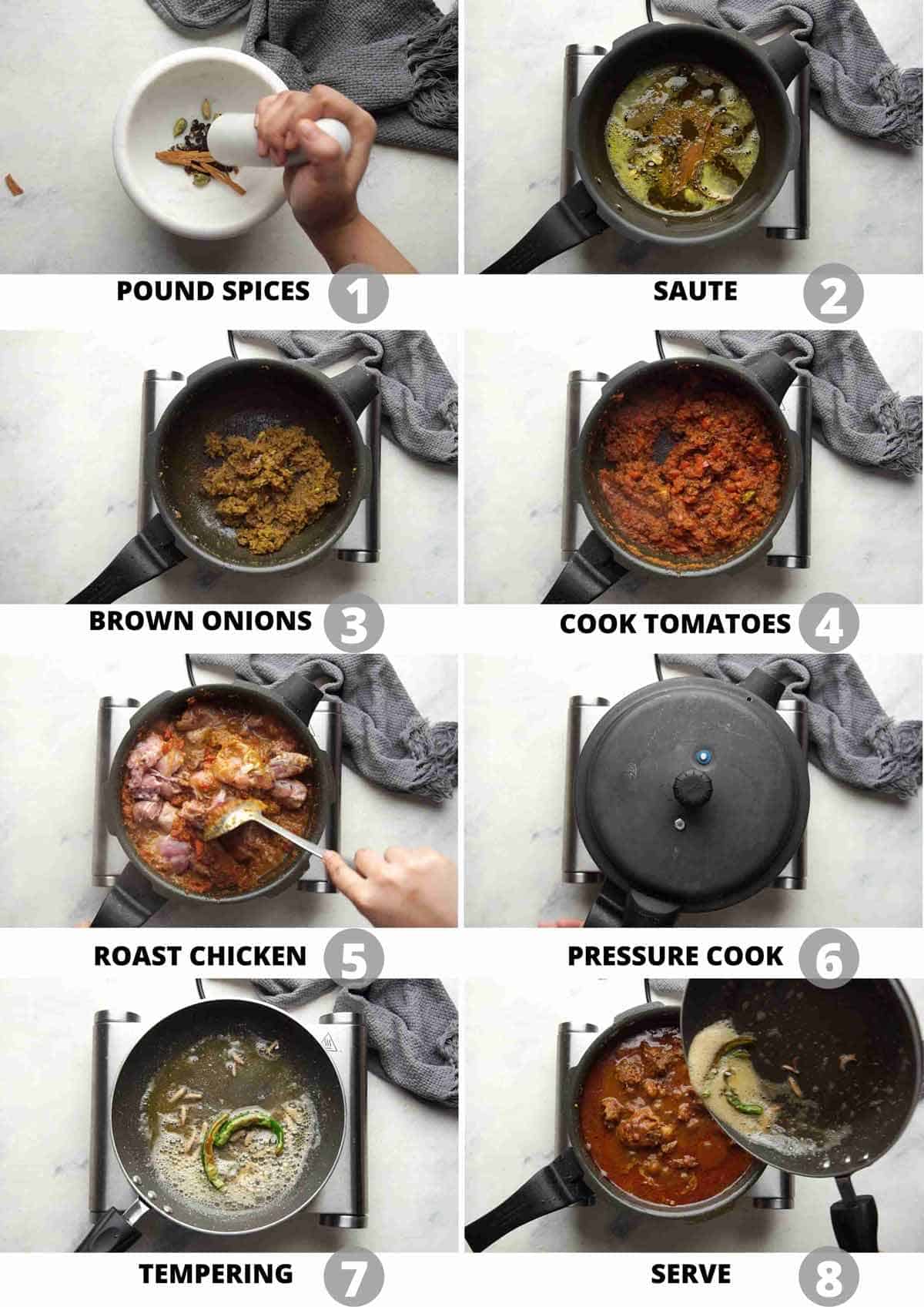 Step by step picture collage showing how to make chicken curry in a pressure cooker