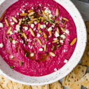 Egyptian Beetroot Dip in a white speckled bowl.