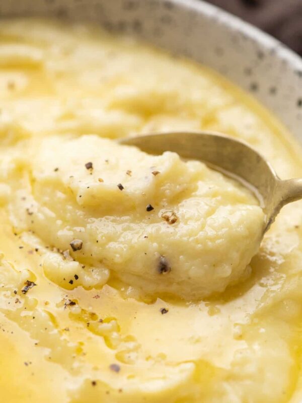 Closeup of a spoonful of creamy mashed potatoes