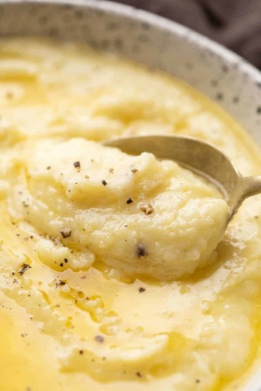 Closeup of a spoonful of linty mashed potatoes