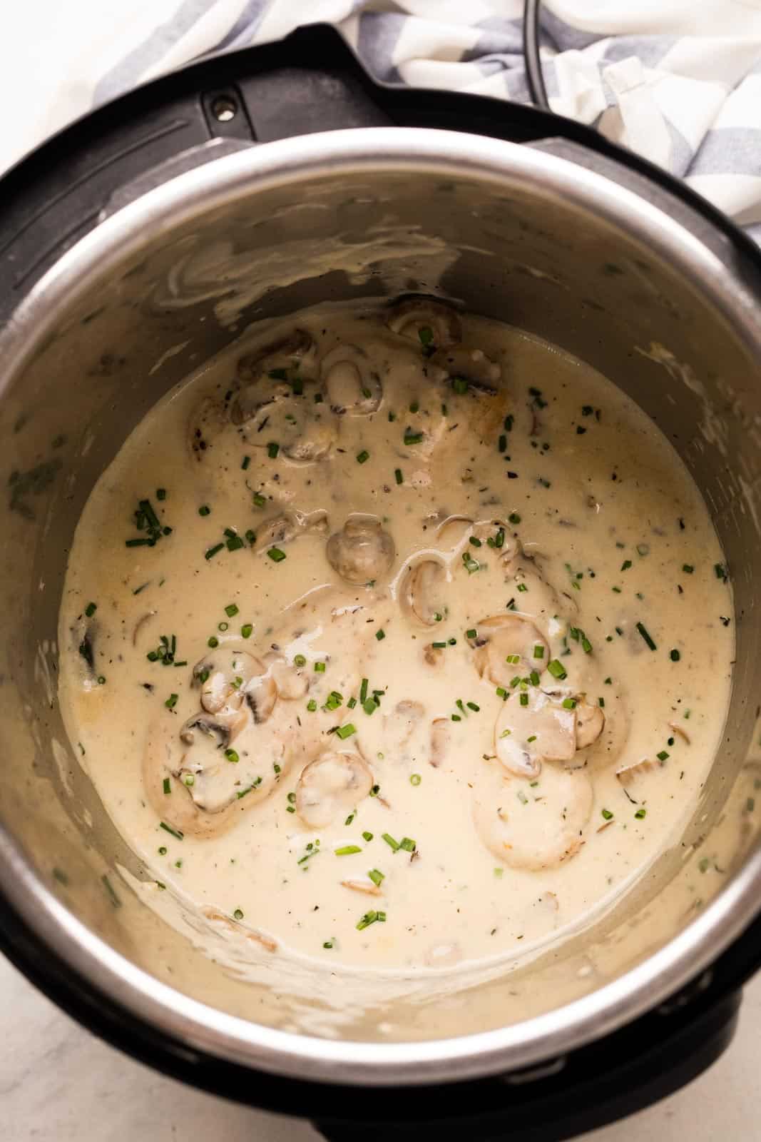 Chicken in mushroom sauce pictured in the Instant Pot once it was cooked