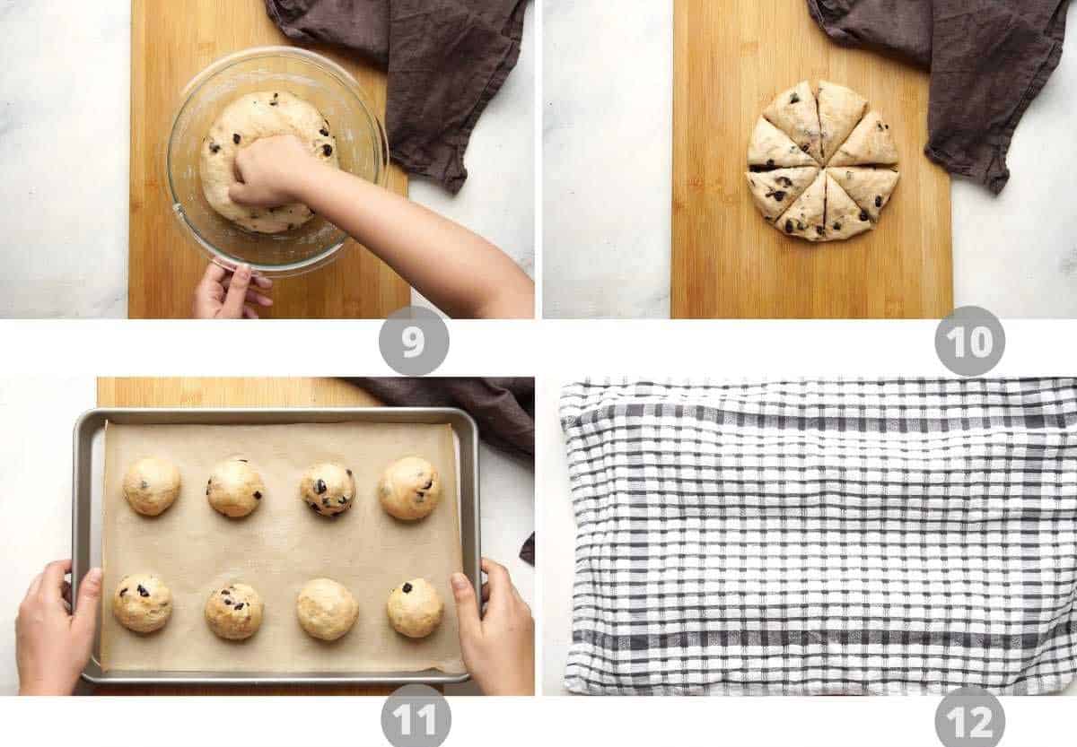 Step by step picture collage showing how to make hot cross buns