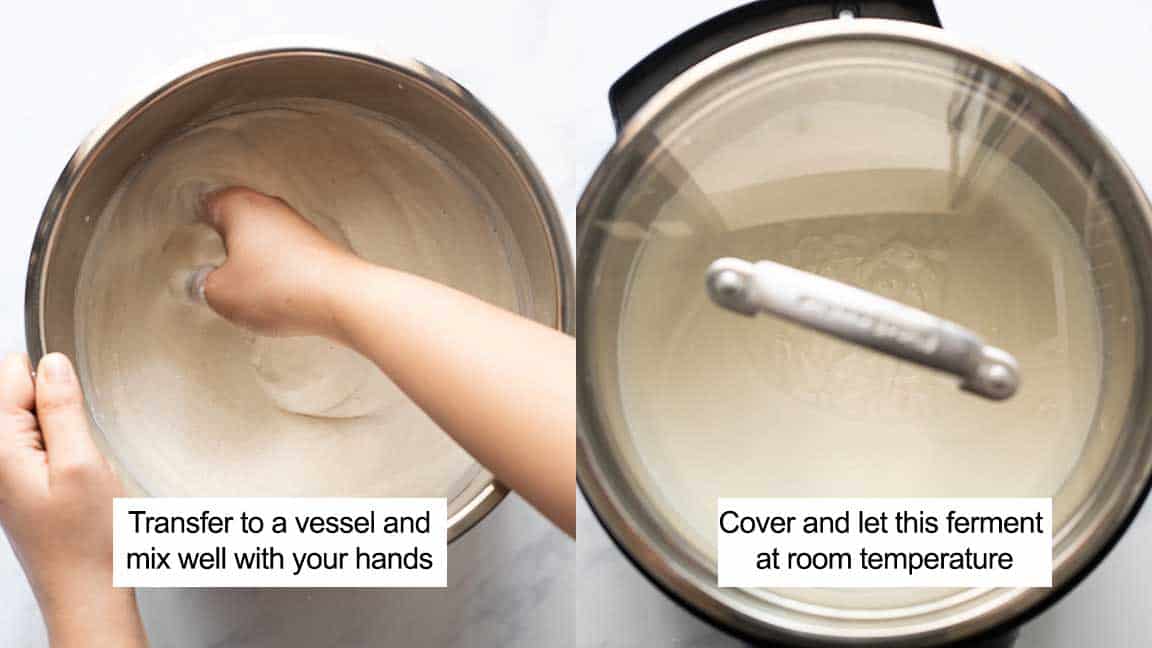 Two pictures showing how to ferment batter by first mixxing it with your hands and then leaving it in a warm place to ferment