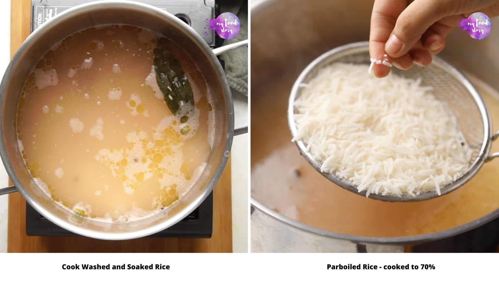 Step by step collage showing how to parboil rice to 70% doneness