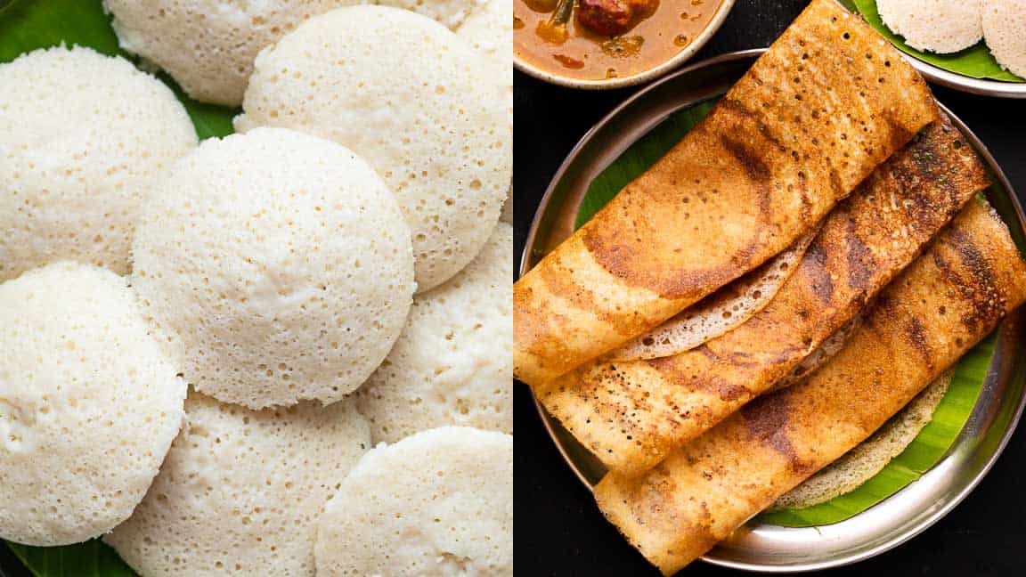 Two picture collage with pictures of soft, fluffy idlis stacked on a plate and crispy dosas served on a banana leaf lined plate