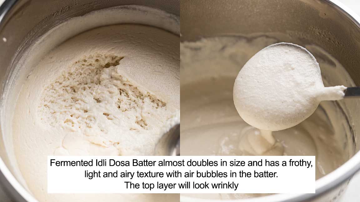 Two picture collage showing the airy, frothy texture of fermented idli dosa batter with bubbles in the batter