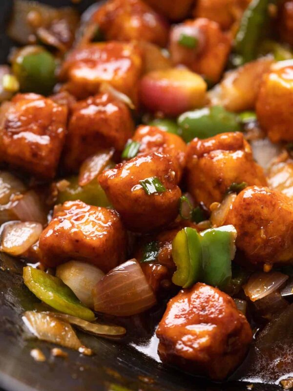 Close up of street style chilli paneer in a wok