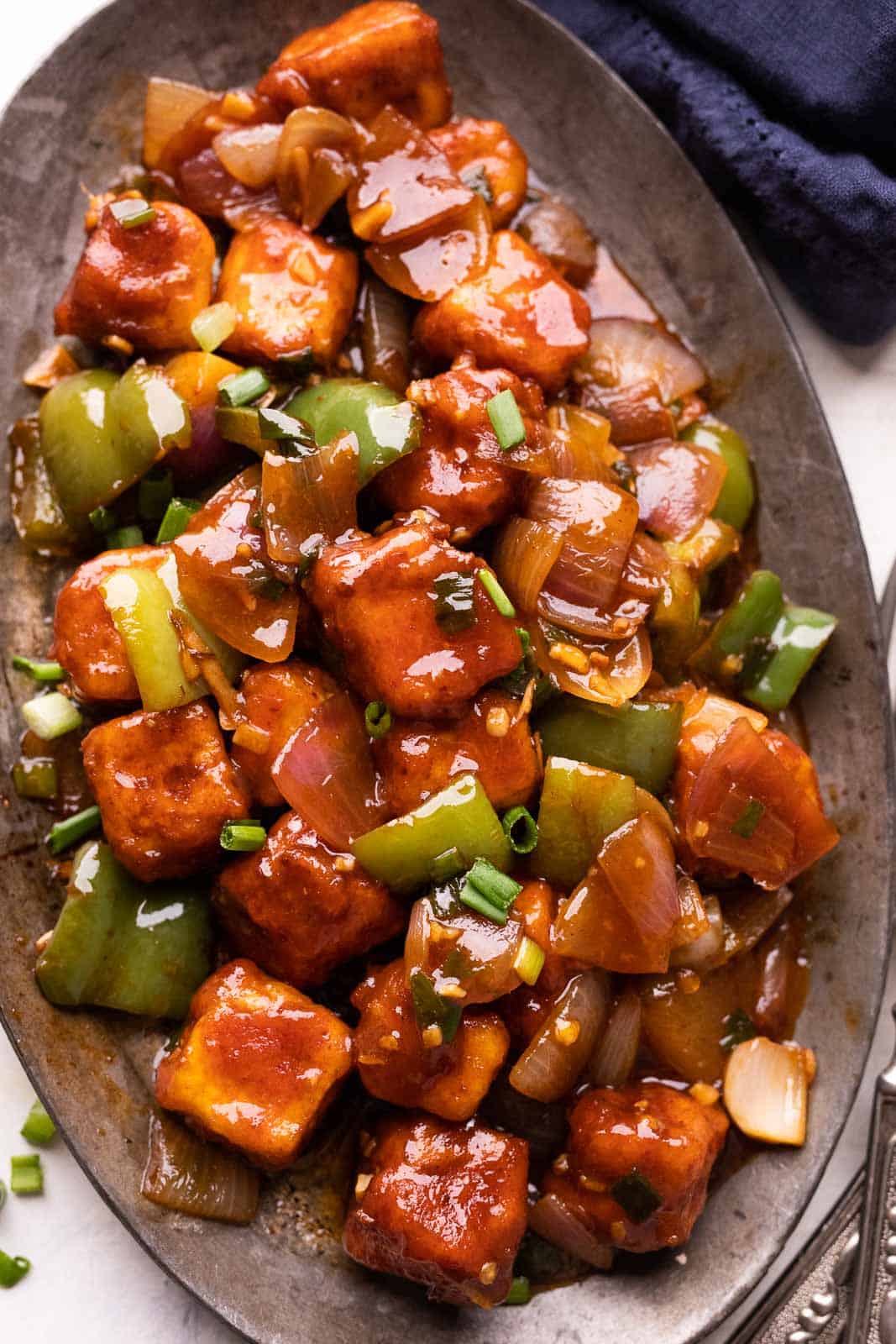 Chilli Paneer served on a platter