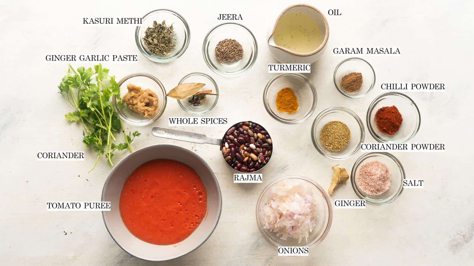 Ingredients for rajma masala pictured with text identifying each ingredient
