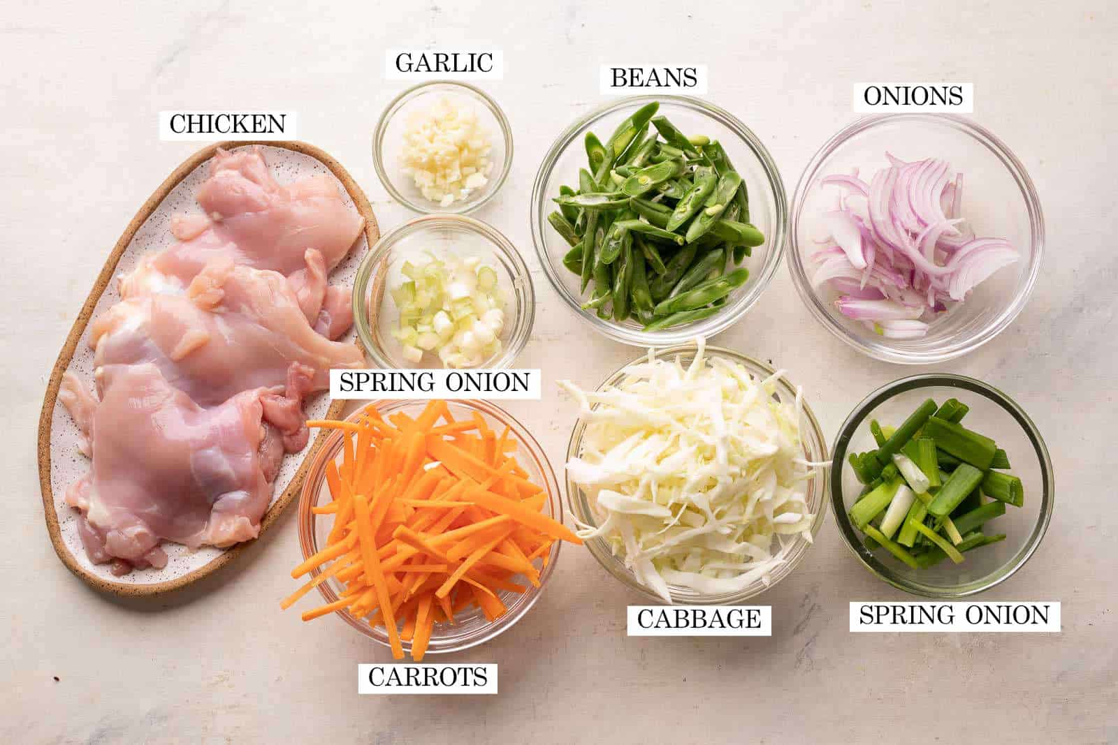All the vegetable, chicken and aromatics required for chow mein pictured