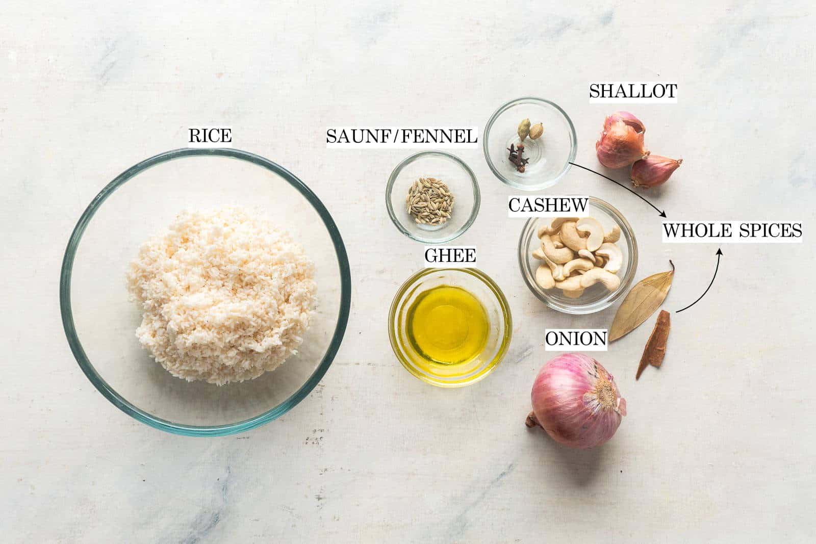Ingredients for Ghee Rice with text laid out on a flat white surface