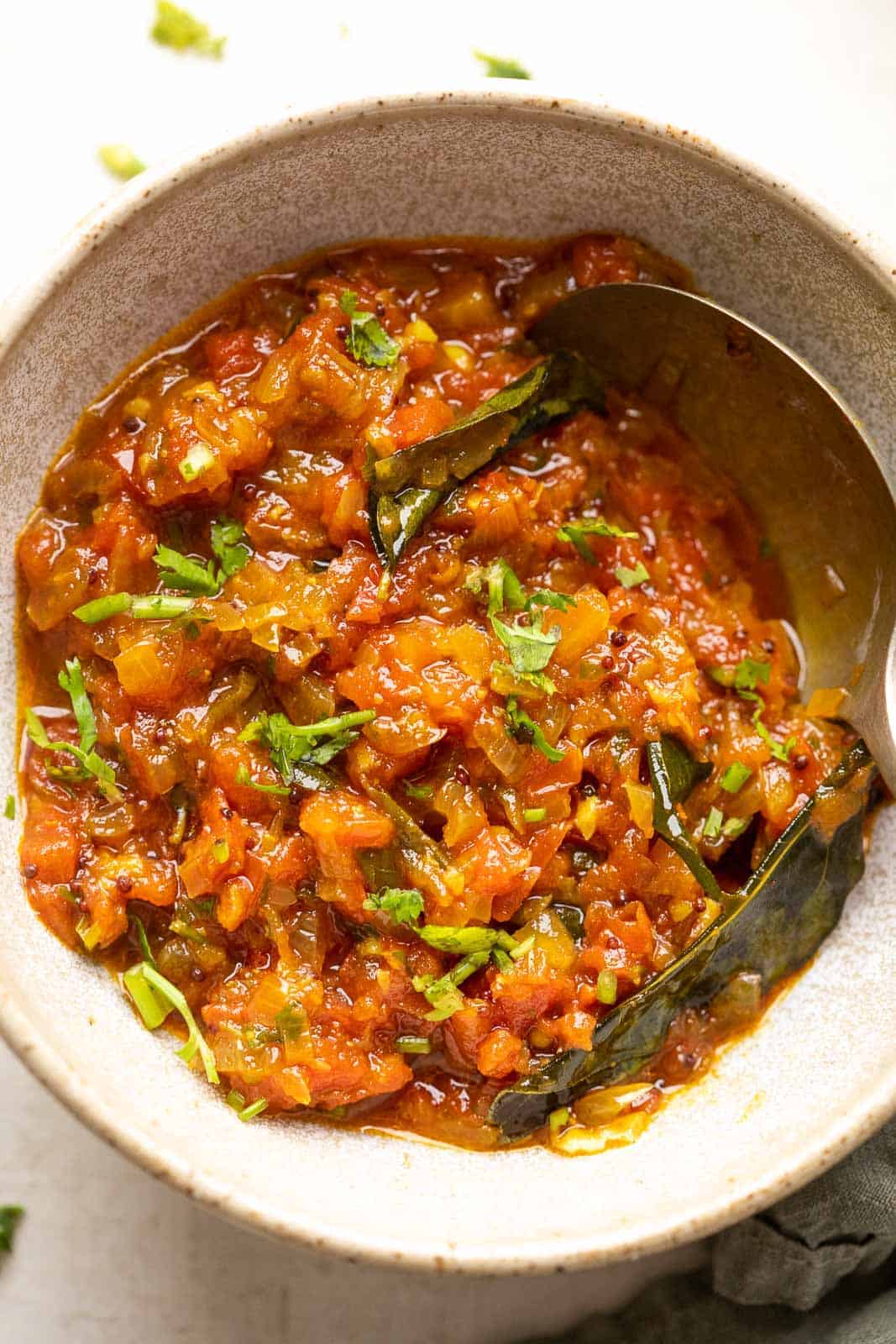 North Indian style tomato chutney served in a ceramic bowl with a spoon on the side