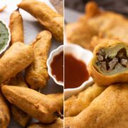A collage to show the two stuffings in the bhajiyas side by side