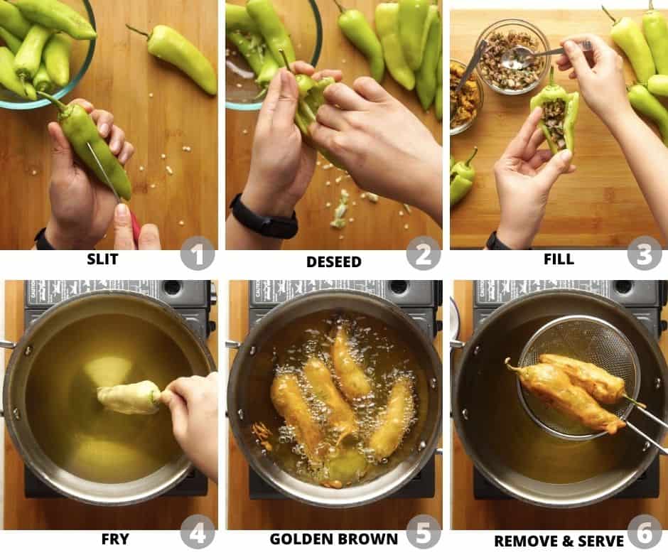 How to slit, deseed chillies and fry mirchi bajjis - step by step pictures