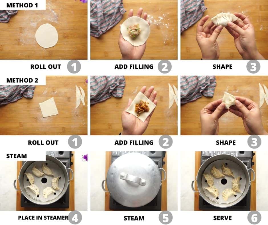Step by step pictures to show how to fill, pleat and steam momos