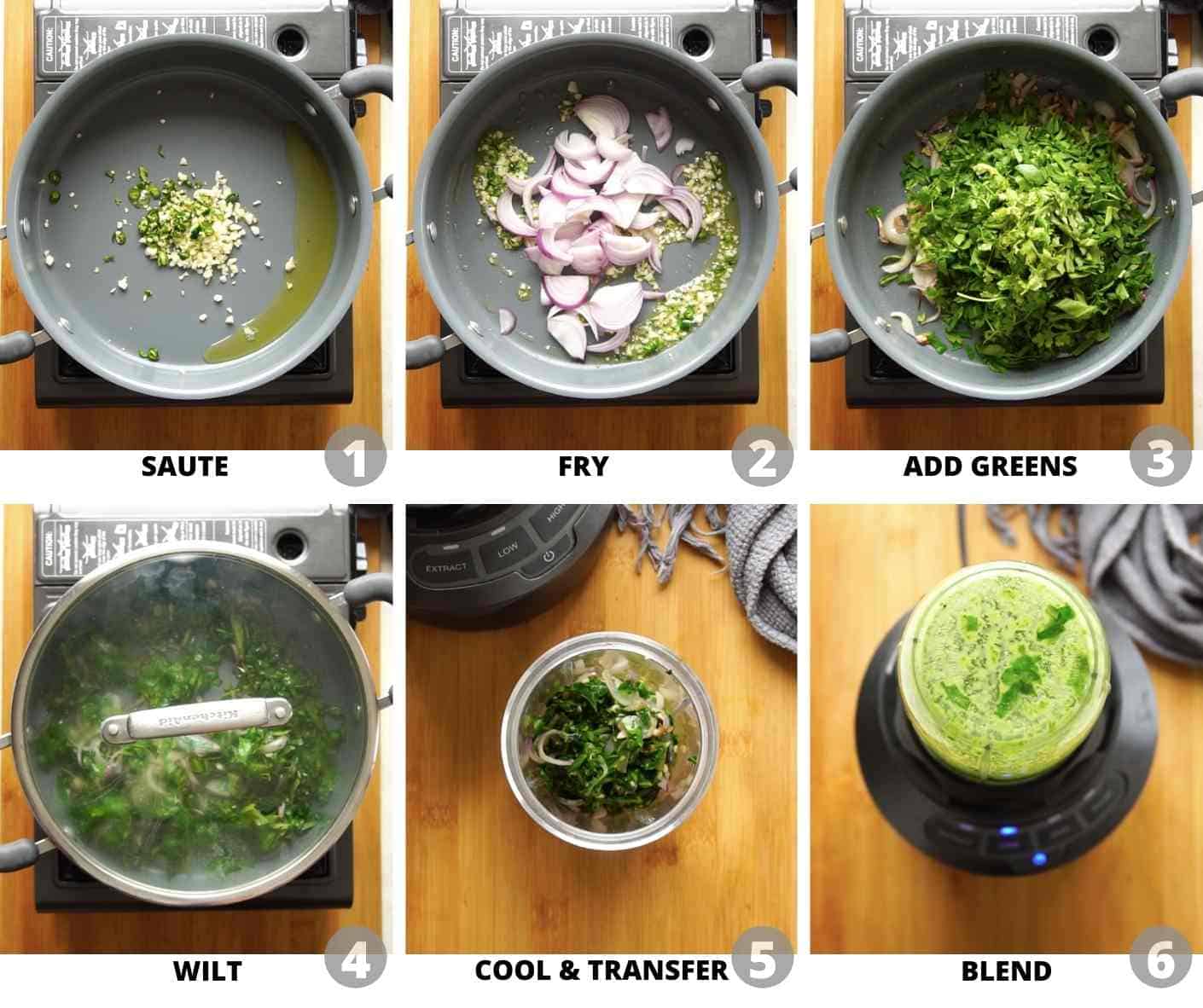 Step by step pictures showing how to make palak puree