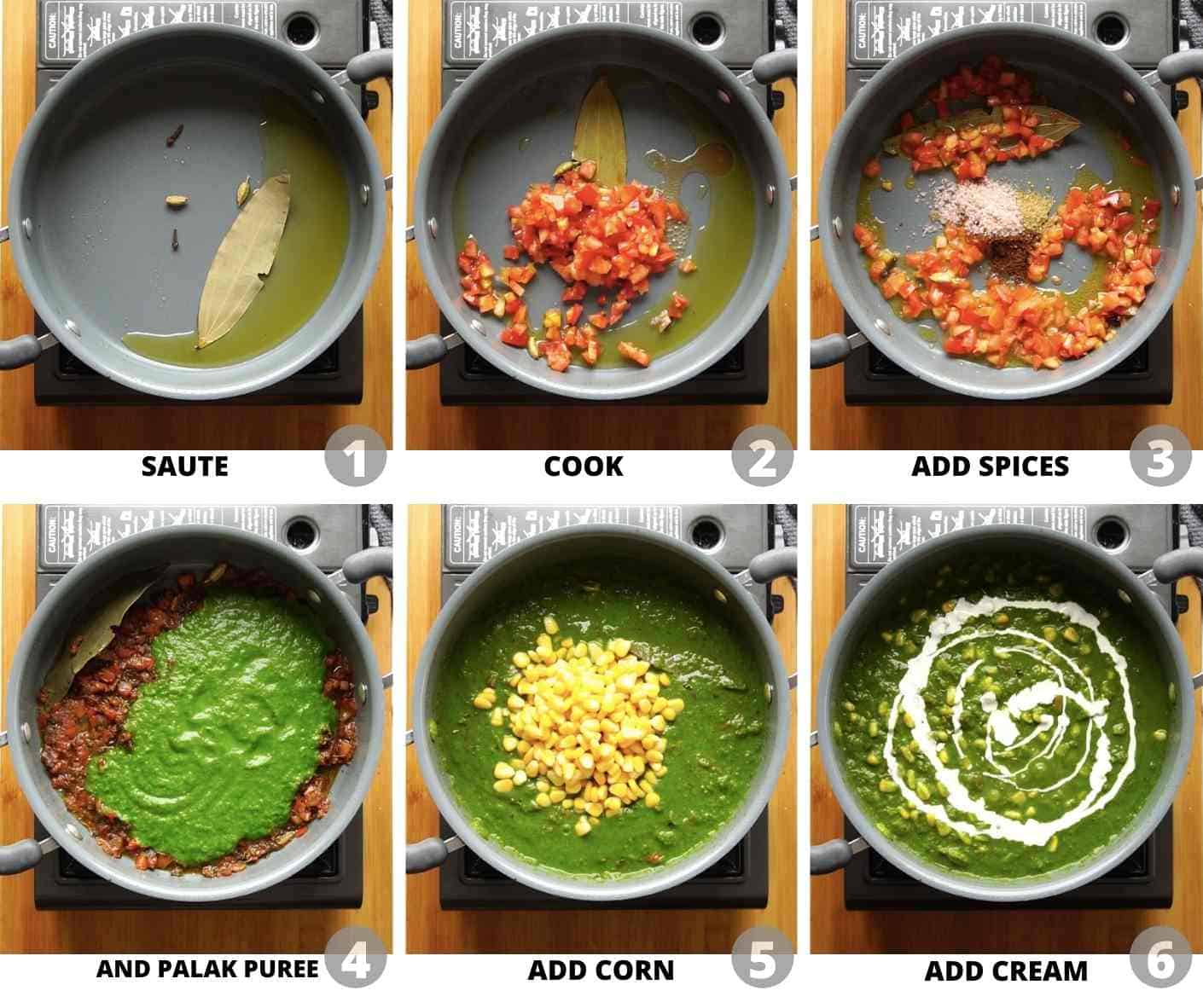 Step by step pictures to show how to make corn palak