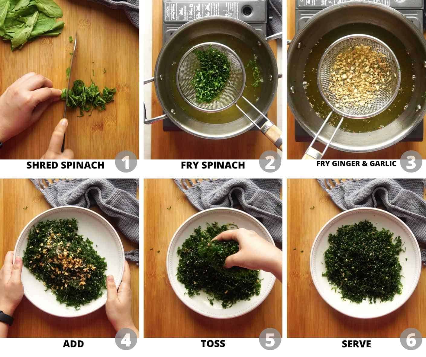 Step by step picture collage showing how to make crackling spinach