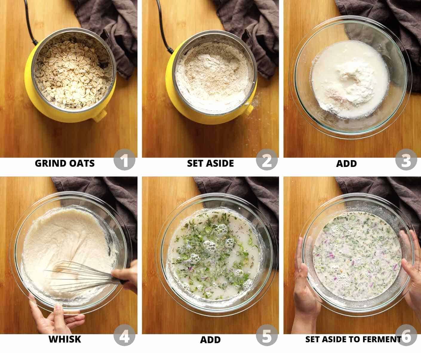 Step by step pictures showing how to make the batter for oats dosa