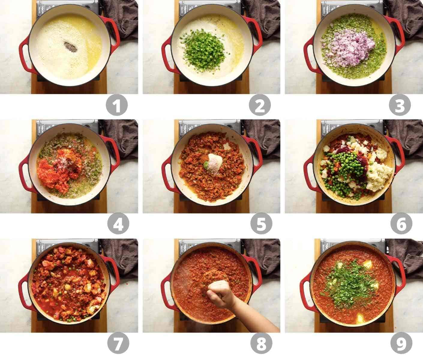 Step by step picture collage showing how to make pav bhaji at home
