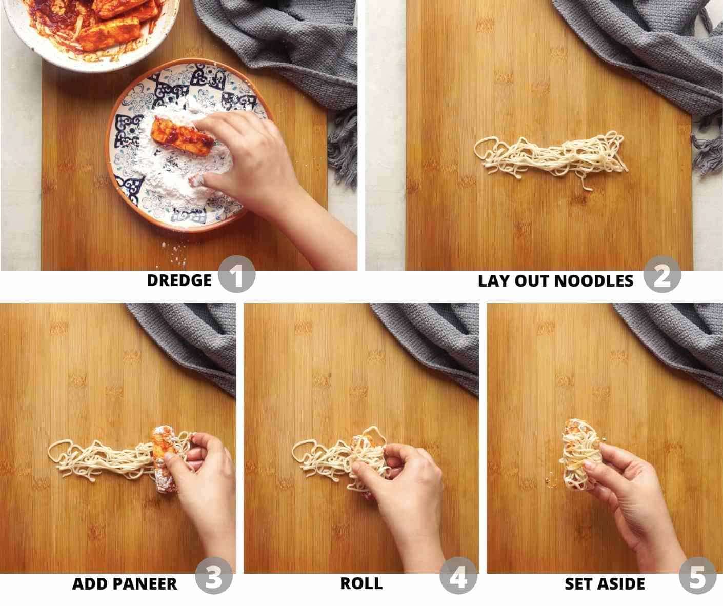 Step by step pictures showing how to assemble thread paneer