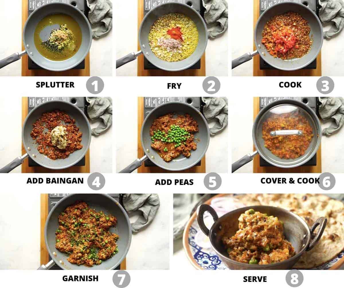 Step by step pictures showing how to make baingan bharta