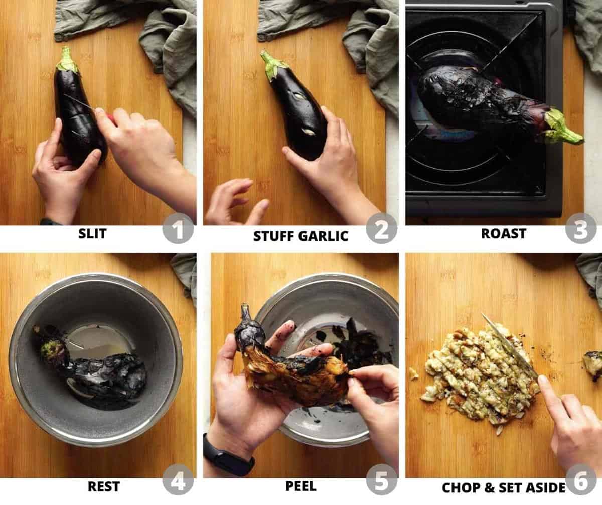 Step by step pictures showing how to roast eggplant for baingan bharta
