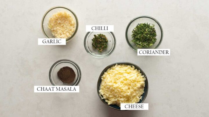 All the ingredients for the kulcha stuffing pictured together with text to identify them