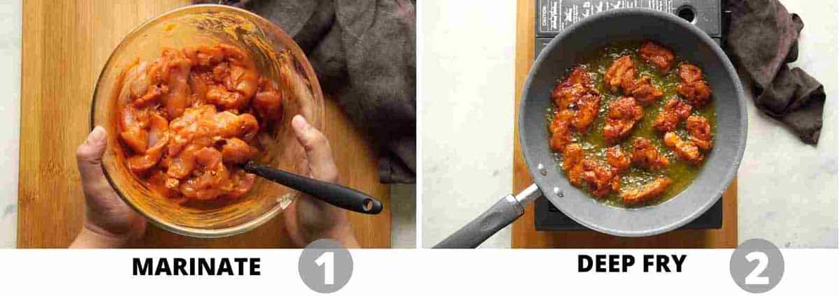 Step by step picture collage showing how to marinate and deep fry chicken