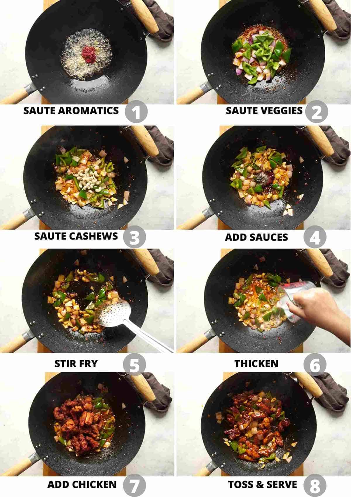 Step by step picture collage showing how to make Dragon Chicken in a wok