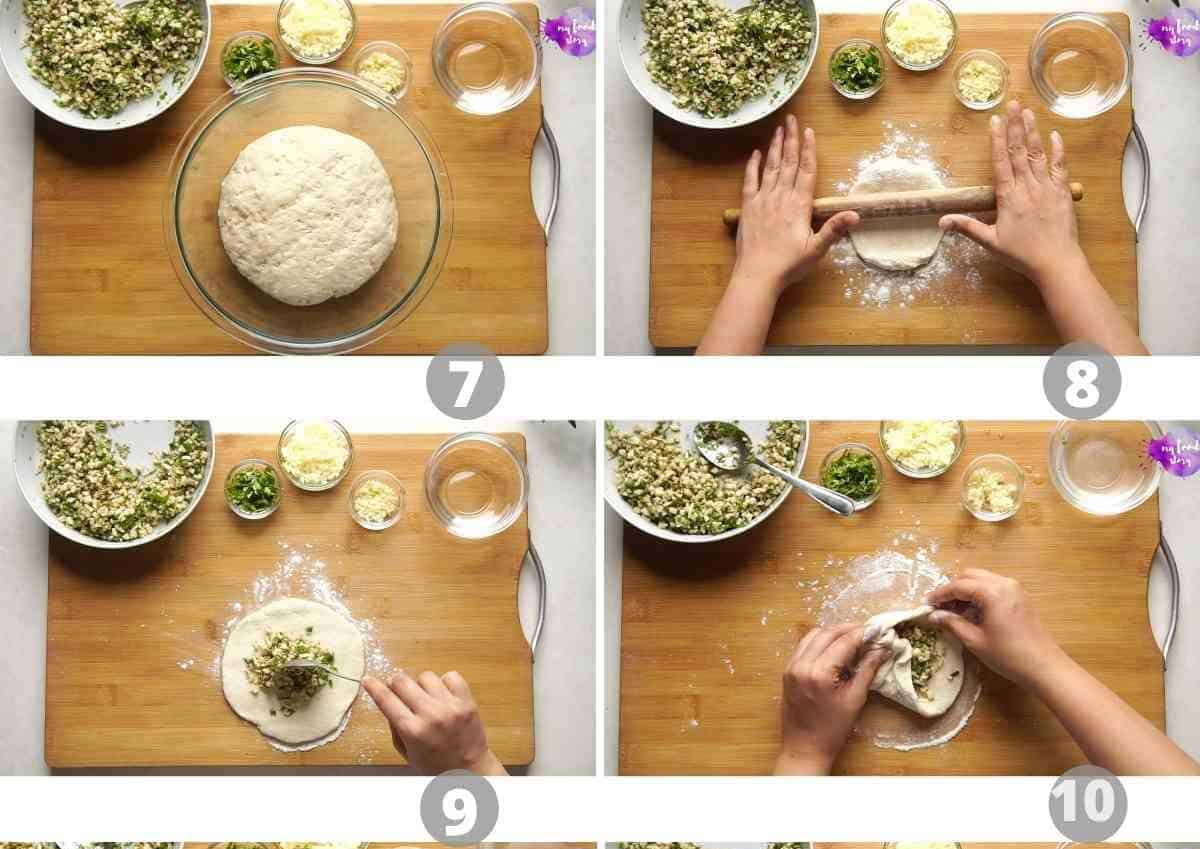 Step by step pictures showing how to stuff a kulcha with cheese dough