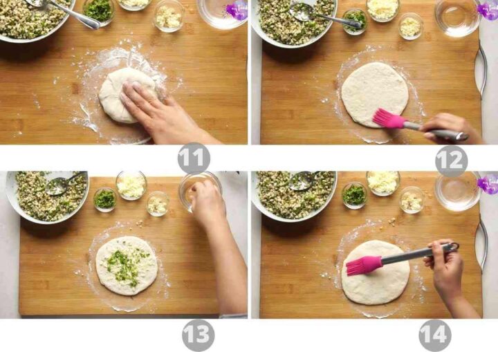 Step by step pictures showing how to roll out kulcha