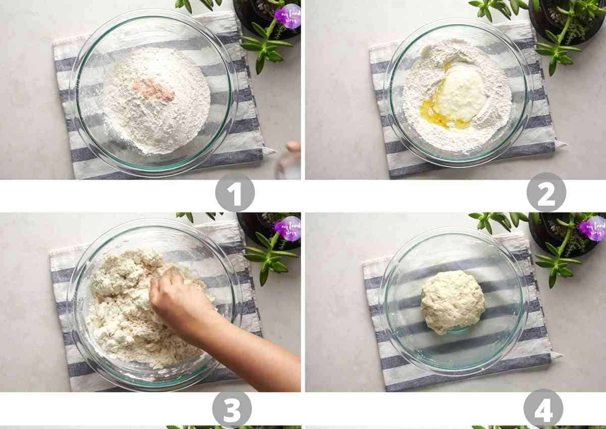 Step by step pictures showing how to make kulcha dough
