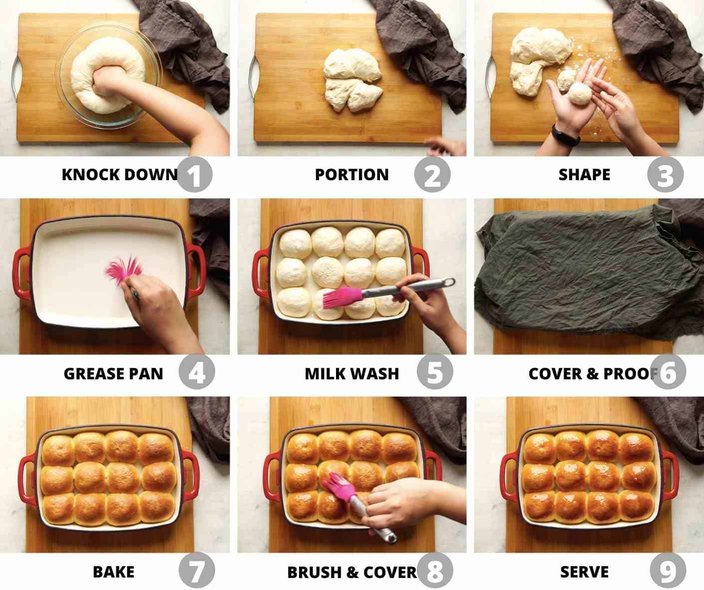 Step by step pictures showing how to proof the dough, shape it and bake it
