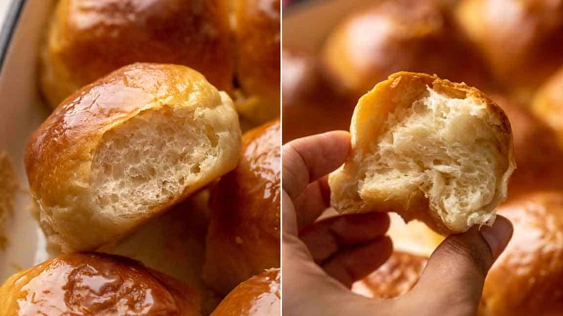 Two picture collage showing how soft and light the crumb of these dinner rolls is