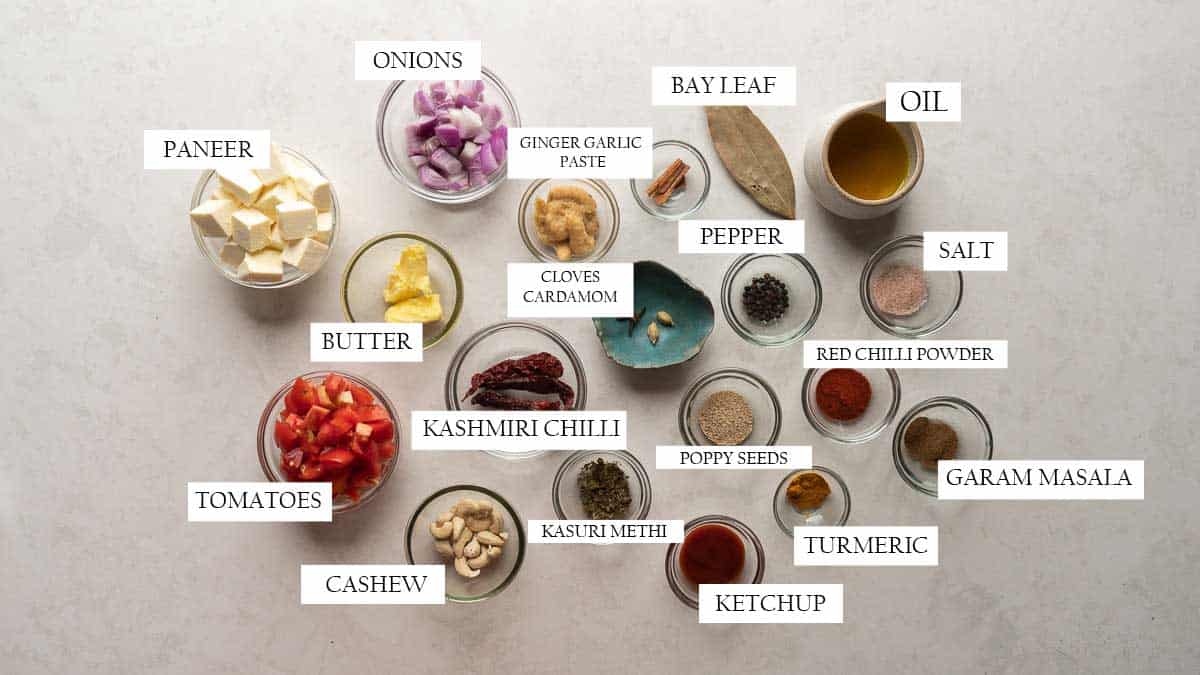 Ingredients for the gravy of paneer makhani biryani