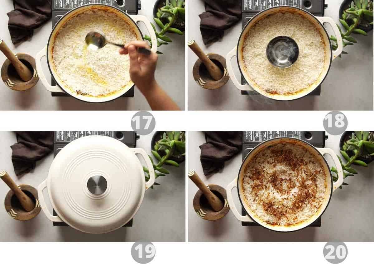 Step by step picture collage showing how to smoke and cook biryani