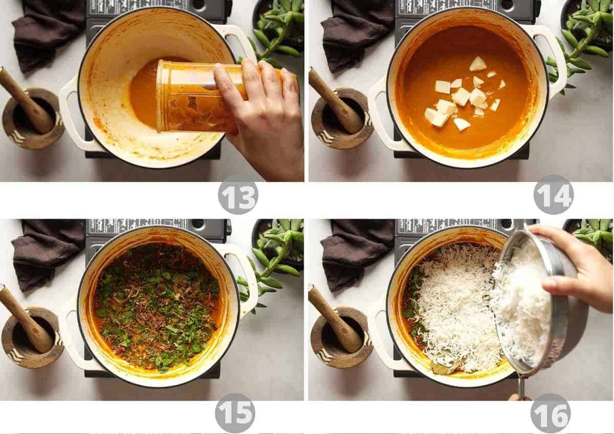 Step by step picture collage showing how to layer the biryani