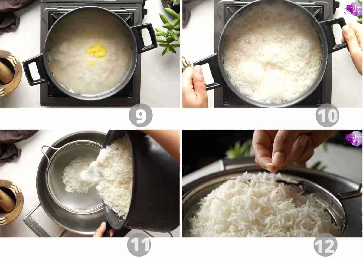 Step by step picture collage showing how to cook basmati rice for biryani