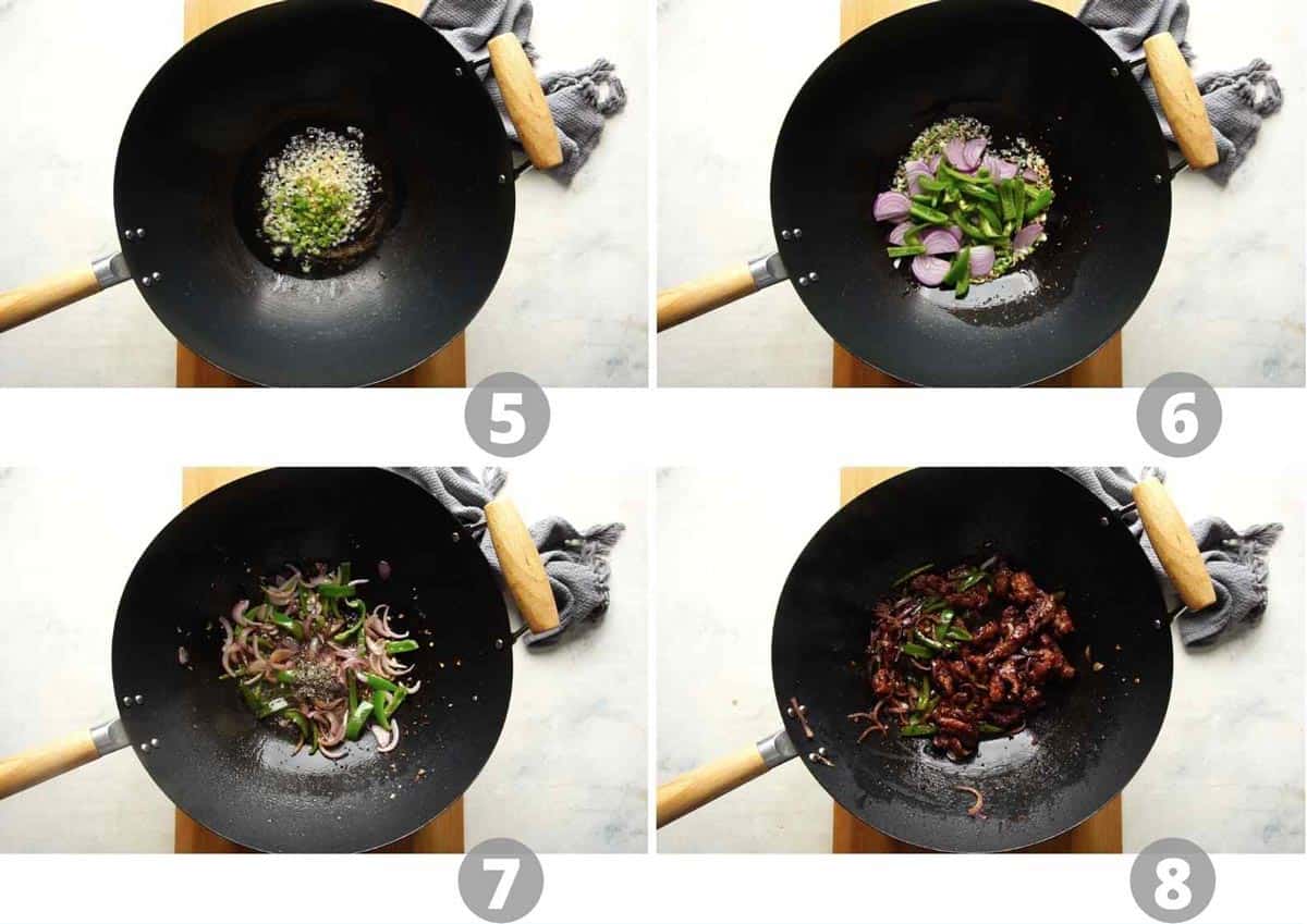 Step by step picture collage showing how to stir fry salt and pepper chicken in a wok