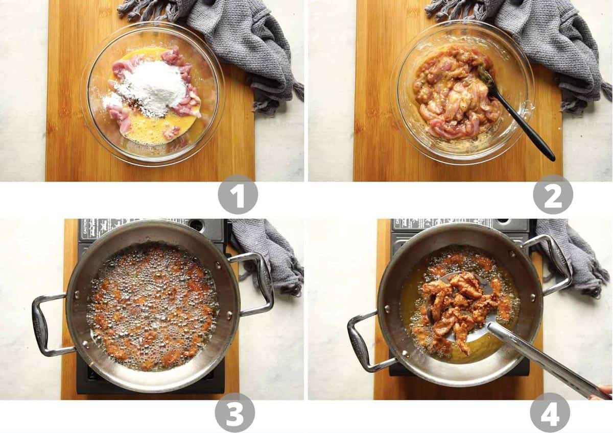Step by step picture collage showing how to batter and fry chicken