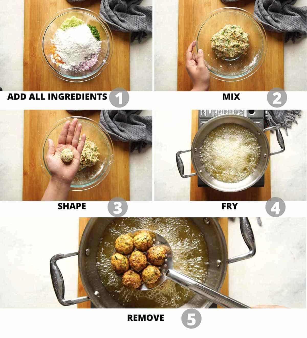 Step by step picture collage showing how to make deep fried veg balls for manchurian