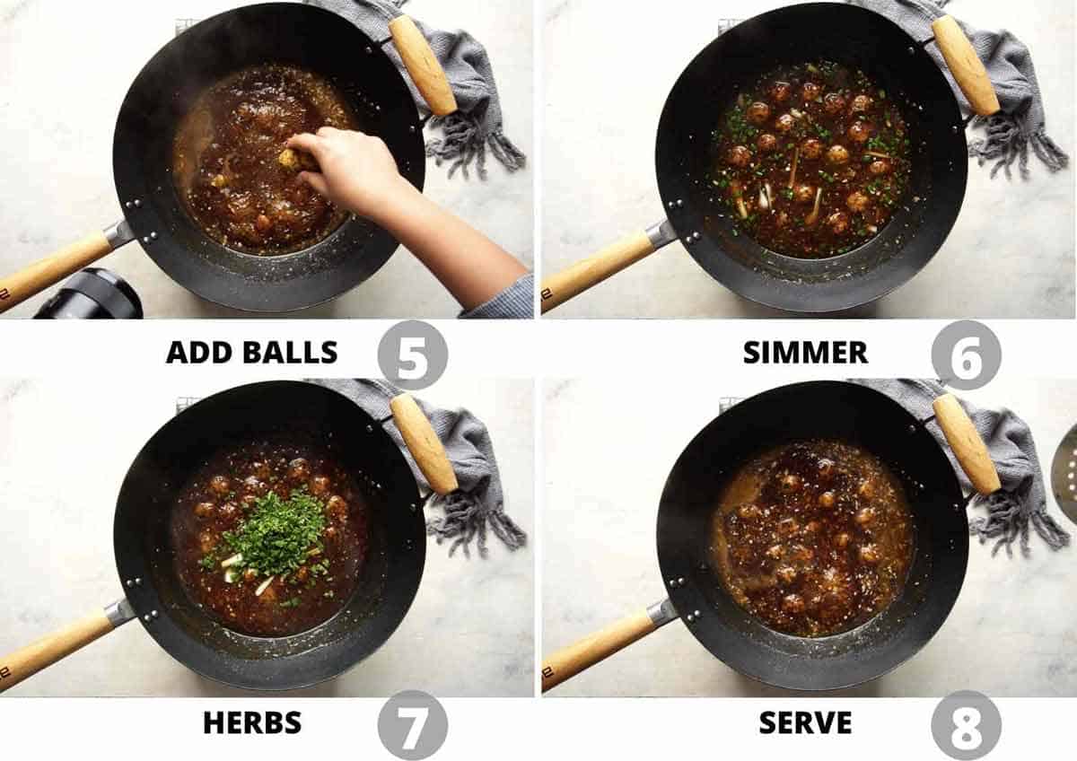 Step by step picture collage showing how to cook the veg balls in manchurian sauce