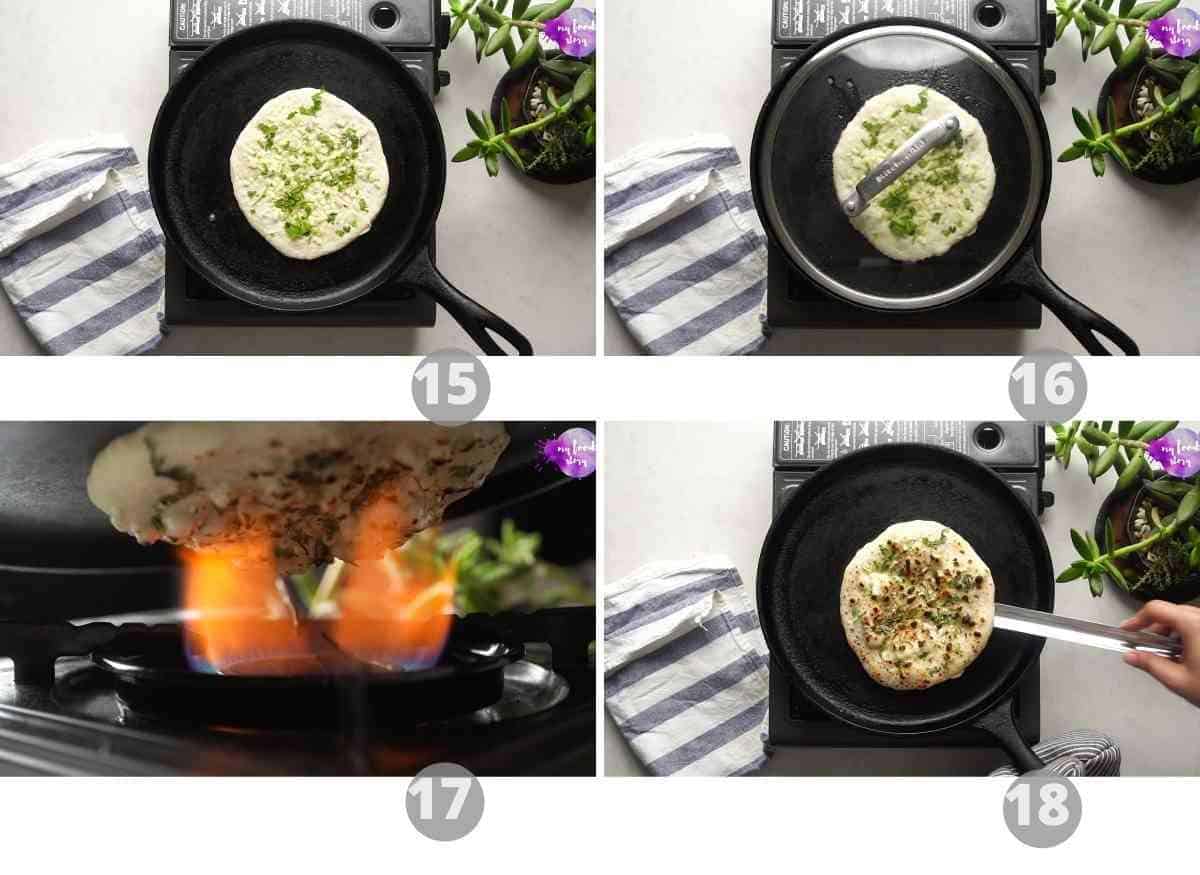 Step by step pictures showing how to cook kulcha on the stove