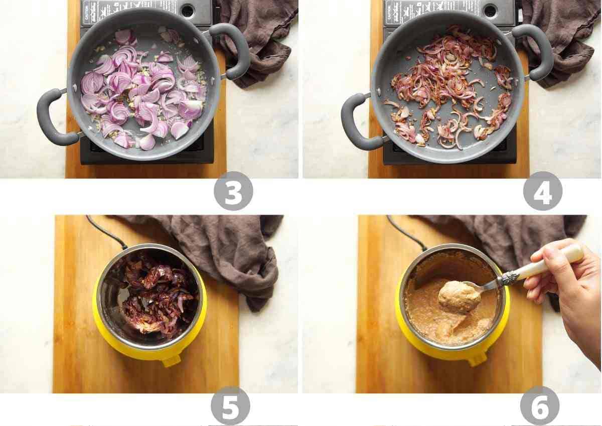 Step by step picture collage showing how to make onion paste for the chicken kali mirch gravy