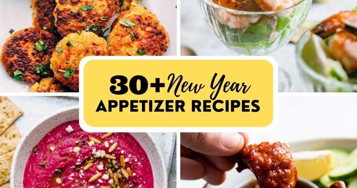Picture collage showing a few new years appetizers with text overlay